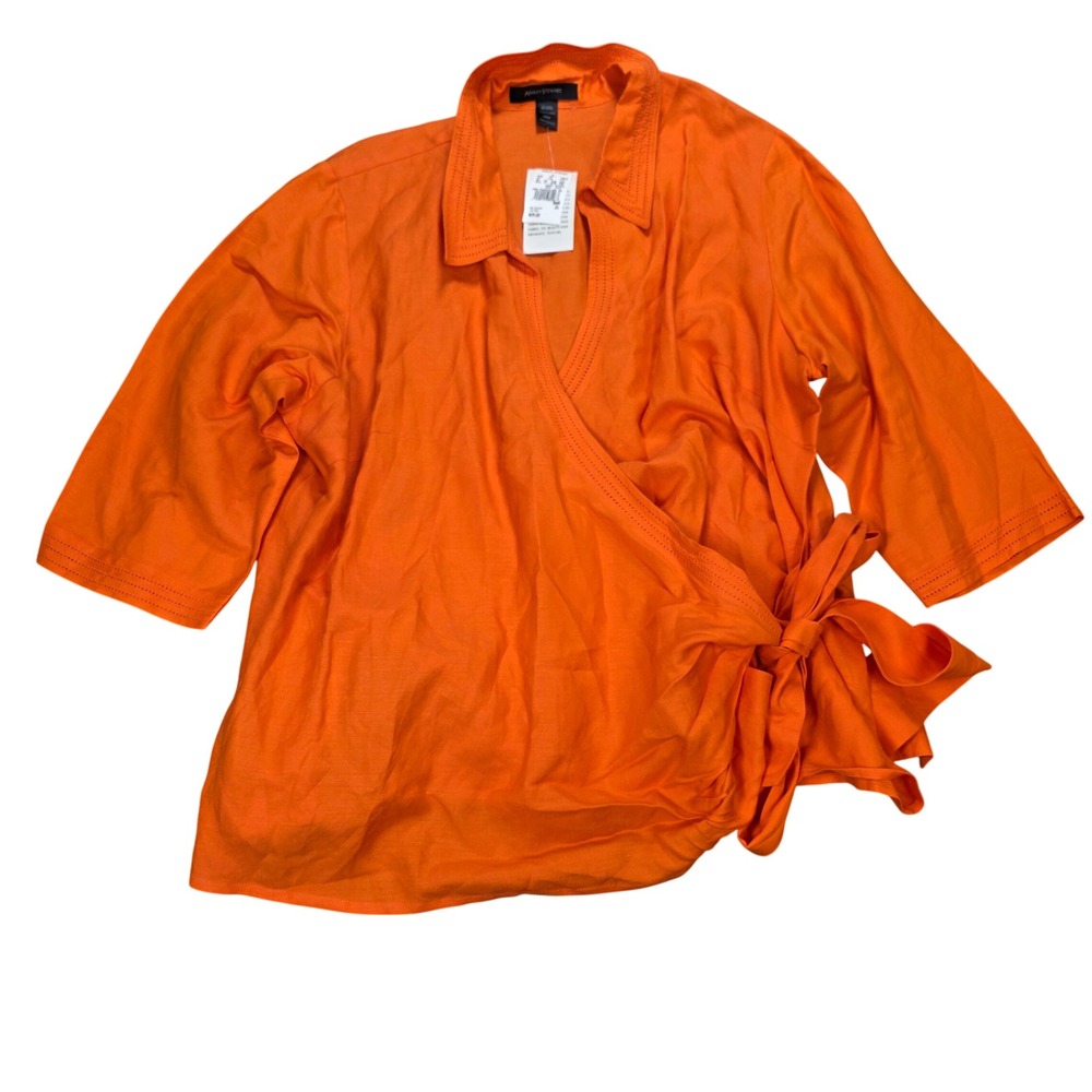 Ashley Stewart Linen Blend Wrap Top Women's Size 24W Orange 3/4 Sleeve NWT
